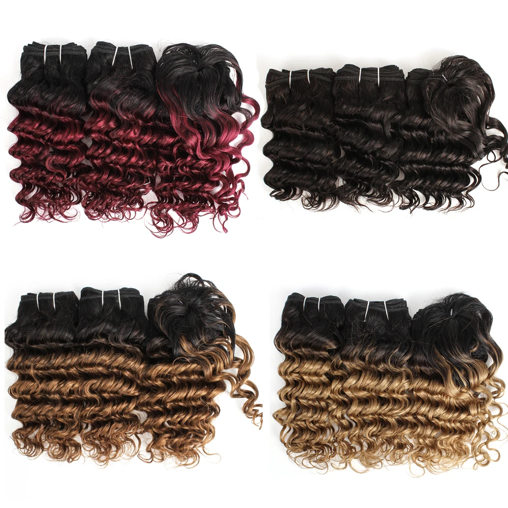 

Bobbi Collection Ombre Hair 1 Set for one Head 3 pcs Deep Wave Hair Weave Indian Non Remy Human Hair Short Bob Style 155g/set