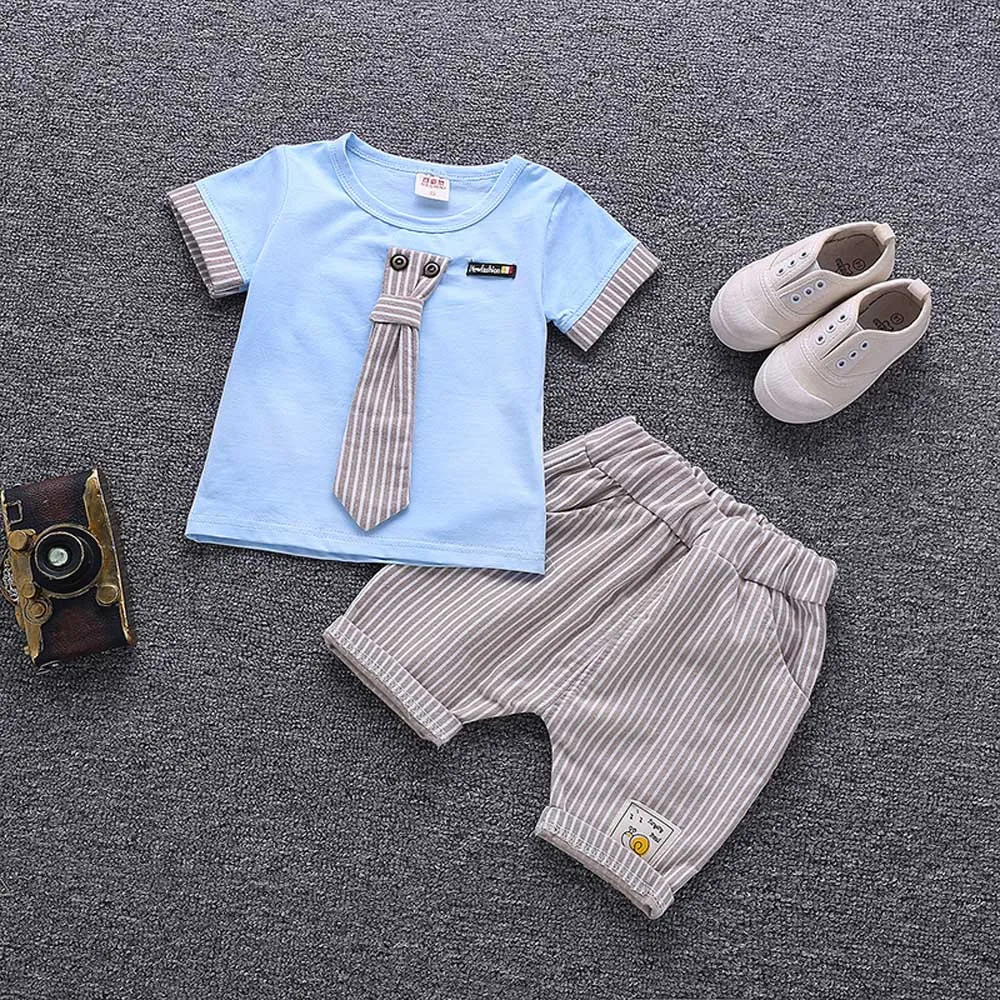 Baby Boy Summer Clothes 2Pcs Infant Baby Kids Striped Boys Letter Tie Tops+Shorts Outfits Clothes Set Vetement Enfant Garcon2019