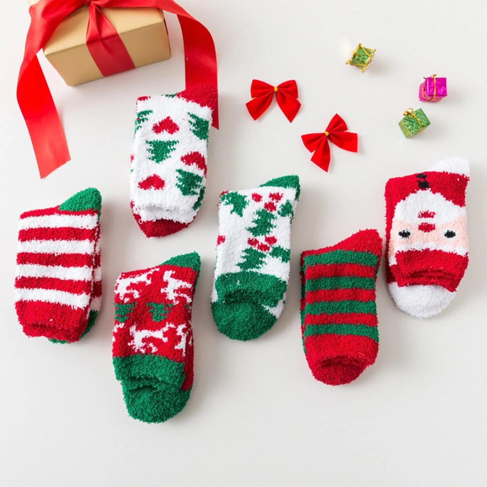 Милый Рождественский Санта Клаус полосатый коралловый флис теплые пушистые зимние носки-тапочки для женщин