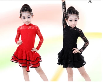 

2 color 120-160cm Stage red black lace fashion rumba latin dance dress tango samba competition professional girl child costume