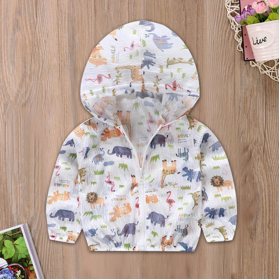 

Spring and Summer New Casual Rainy Cartoon Elephant Giraffe Hippo Sun Hooded Zipper Jacket Coat Baby and Boy Girl