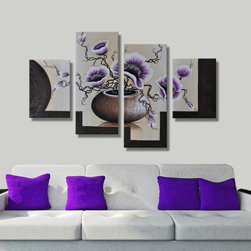 

Large 4 Panel Wall Art Picture Modern Abstract Floral Paintings Handpainted Purple Flower Oil Painting on Canvas For Living Room