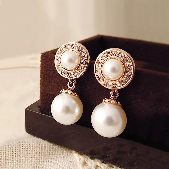 

Fashion Pretty Vintage Style Double Pearls Jewelry Round Crystal Drop Earrings For Women Bride Wedding Decorate Jewelry