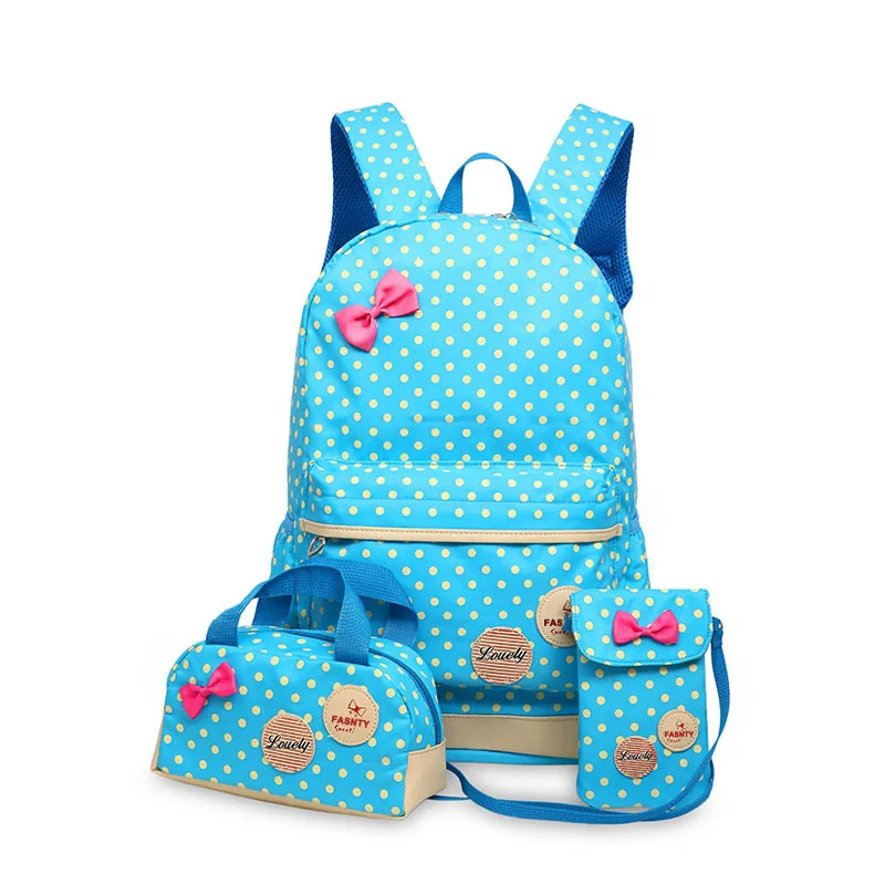 Школьный рюкзак с милым бантом для девочек, 3 предмета, сумки через плечо в горошек для женщин, дорожные сумки, сумка для книг, детский чехол-карандаш - Цвет: Небесно-голубой