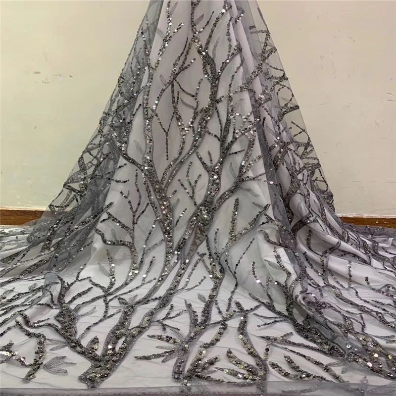 

Tollola Grey Hand-Made Shining Sequence Lace Fabric Beaded French Laces Fabrics High Quality Tulle French Nigerian Lace Dress