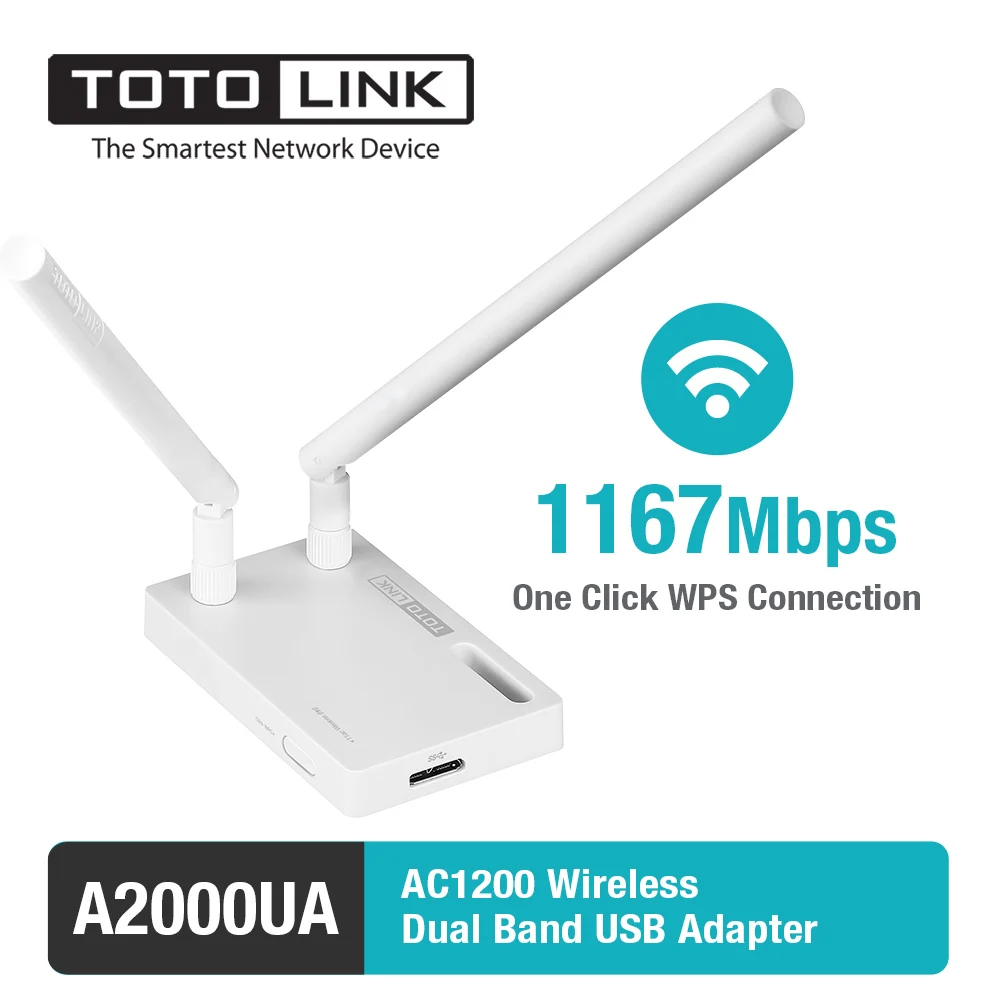 

TOTOLINK A2000UA 11AC 2.4G 300Mbps + 5.8G 867Mbps Dual Band USB WiFi Adapter with External Antennas