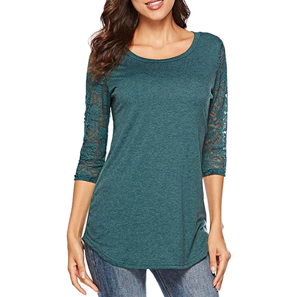 

Women Shirt 3/4 Sleeve Solid Color O Neck Hollow Out Lace Sleeves Patchwork Shirt Pullover Blouse Womens Tops And Blouses #15