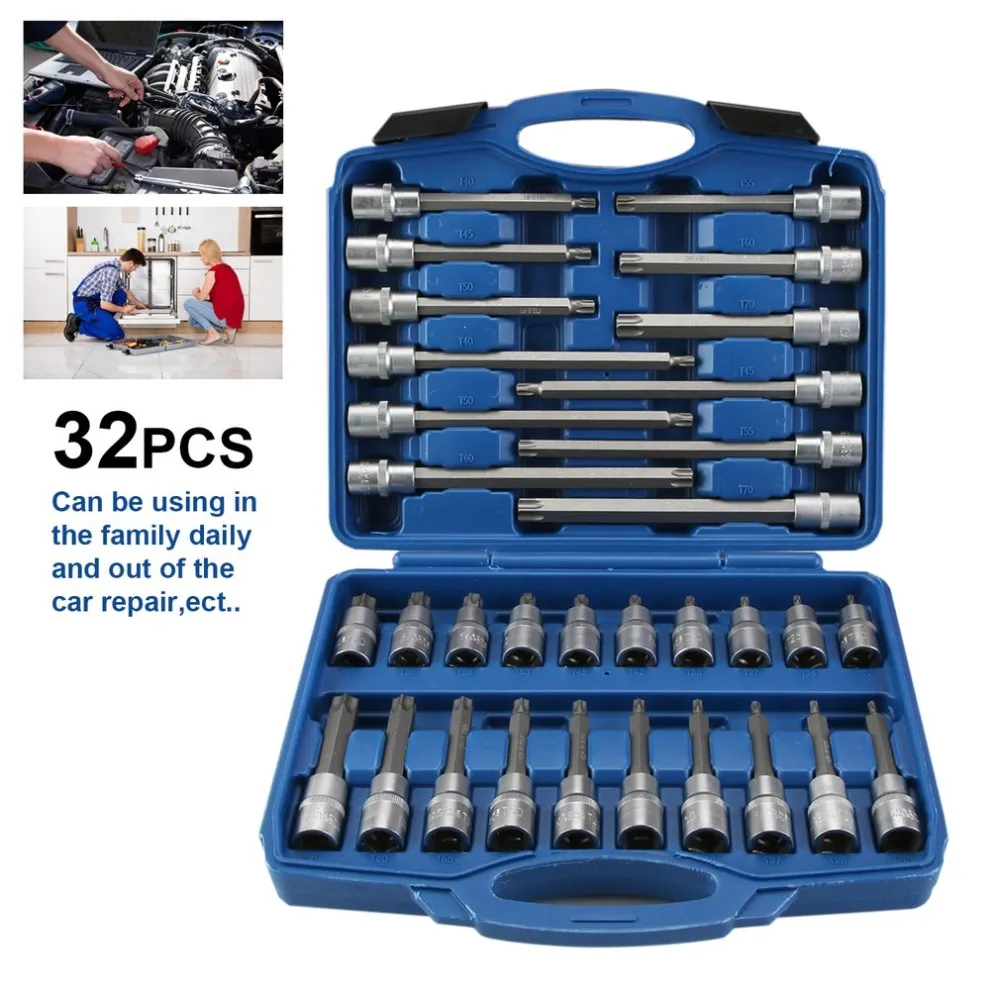 

Portable 32Pcs/set 1/2" DR Ex-long Torx Bit Socket Set Multifunctional Professional Rust-proof Corrosion Resistance Kit