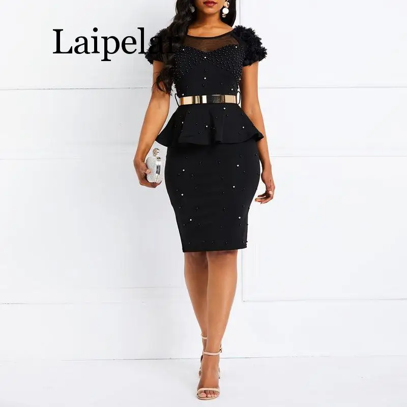 Black Laipelar, облегающее платье, женское, с оборками, с бисером, черное, элегантные, вечерние, стильные, одноцветные, летние, повседневные, вечерние, Женская Клубная одежда, сексуальная - Цвет: Black