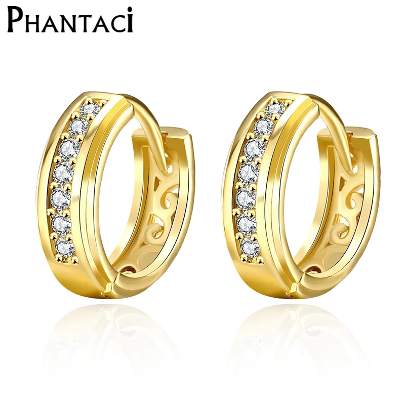 

Phantaci Stud Earrings Female Crystal Women Earrings Clip On Gold Color Round Circle Hollow Out Fashion Ladies Brinco Jewelry