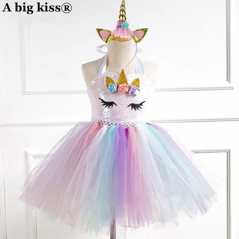 New sequined Unicorn popular gauze customized hand-tied Tutu Dress Girl...