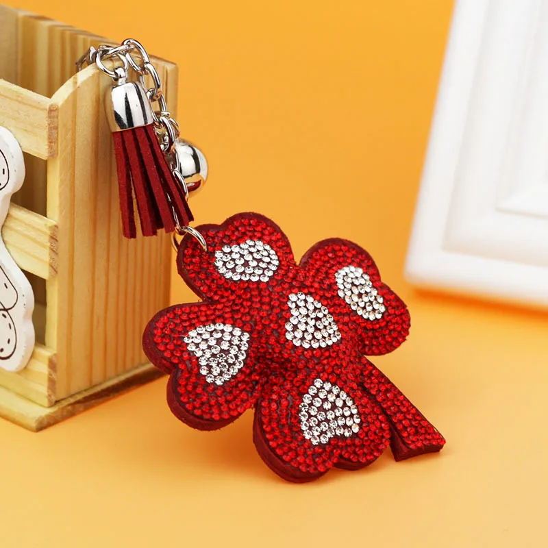 Double Colors Rhinestone Flower Keychain Tassels Leather Clover Crystal