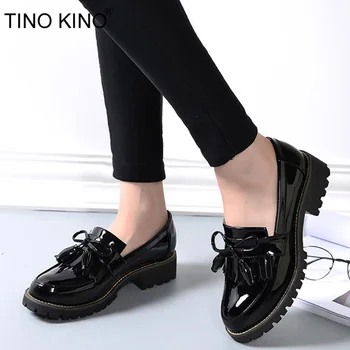 

TINO KINO Women Tassels Bowtie Spring Derby Shoes Female Fashion Platform Patent Leather Low Heels Ladies Slip On Footwear