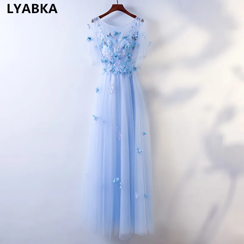 

Short Sleeve Evening Dress A-line Robe De Soire Abendkleider Scoop Neck Light Blue Evening Dresses Long Vestido De Festa 2019