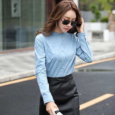 Женская блузка с оборками, топ из хлопка с длинным рукавом, блузка с вышивкой, корейская мода, женская одежда, рубашка, Женская Офисная сорочка - Цвет: blue