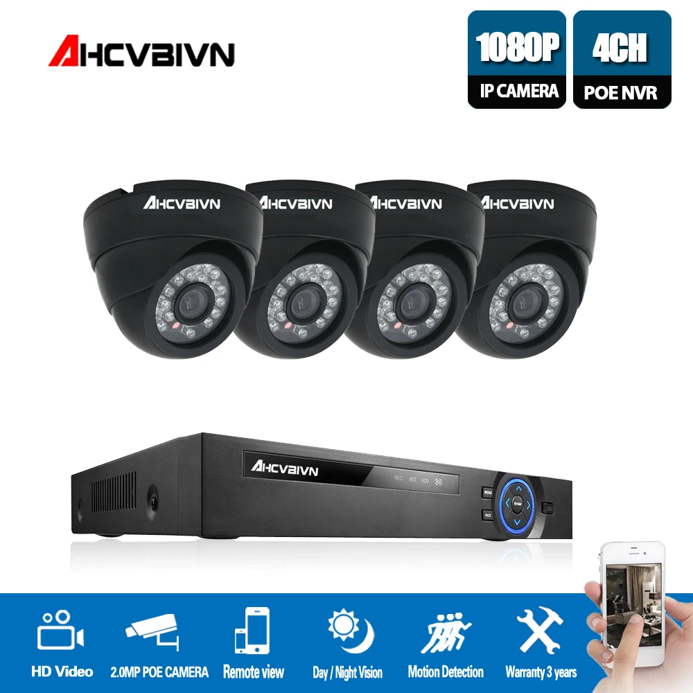 

4CH 1080P NVR Kit POE CCTV System 4PCS 2MP Indoor IP Camera P2P Onvif Security Surveillance Set