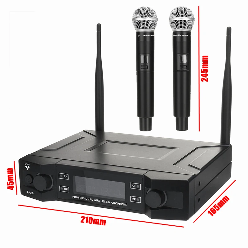 UHF Wireless Microphone System 2 Channel 2 Cordless Handheld Mic Kraoke Speech Party Supplies Cardioid Microphone Black White