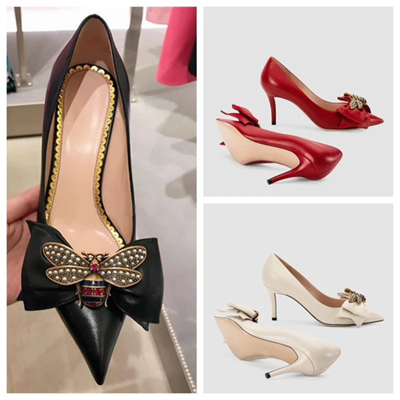 

Womens Pointed Toe Bow Bee Rhinestones Stilettos High Heels Slip On Shoes Pumps Low Top 3Colors A40