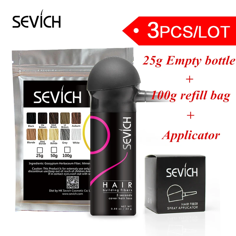 Billige Sevich Haar Faser Sets 25g Leere Flasche + 100g faser haar refill tasche + applikator Verdickung Faser Haar pulver Wachstum 10 Farben