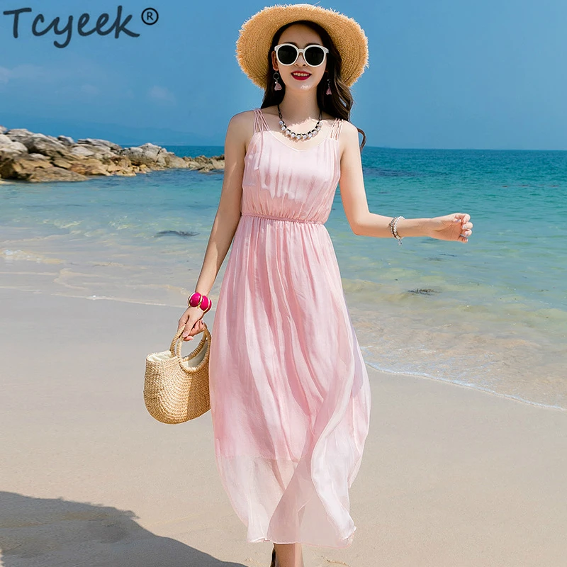 Tcyeek Pink Dress Women Beach Long Summer Dress Boho Party Dresses Real ...