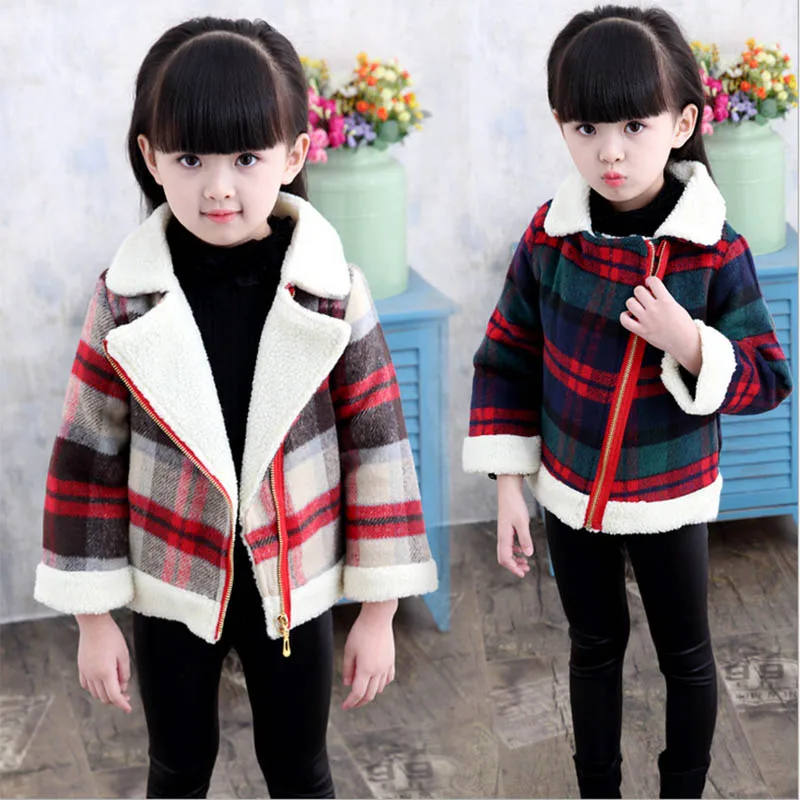 Autumn fall plaid thicken woollen jacket for girls kids zipper casual coat for girl woolen coat for girls (1)