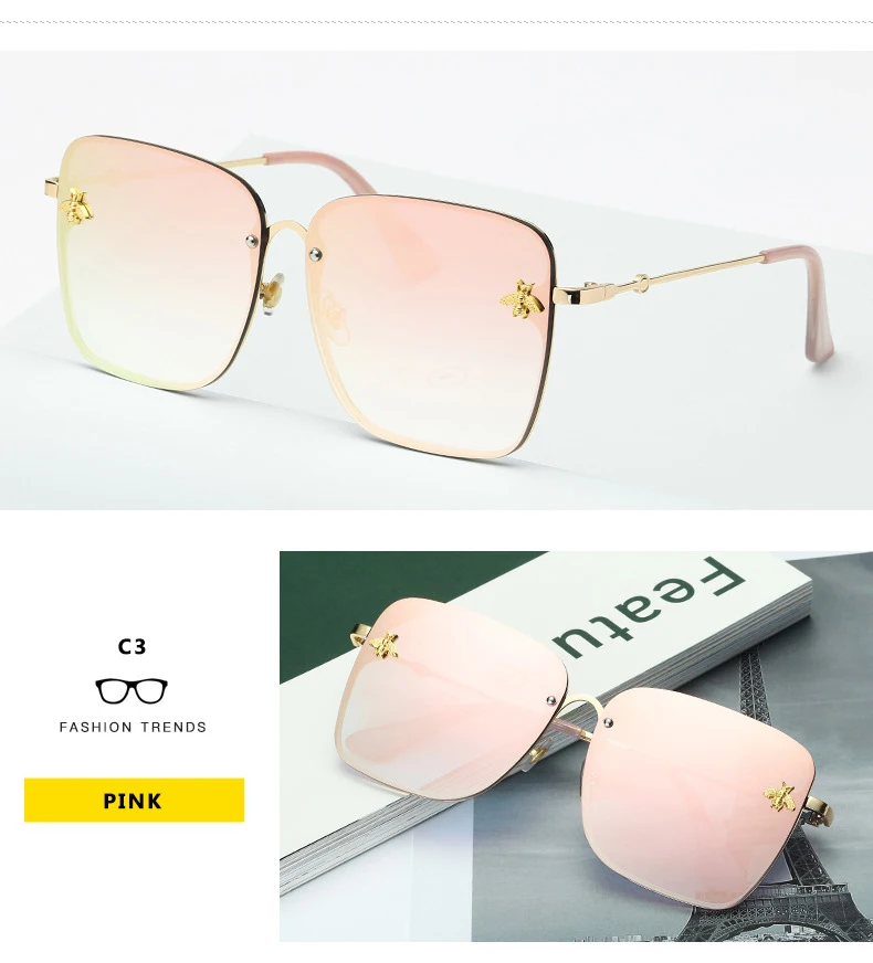 2021 New Fashion Lady Oversize Rimless Square Bee Sunglasses Women Men Small Bee Glasses Gradient Sun Glasses Female UV400