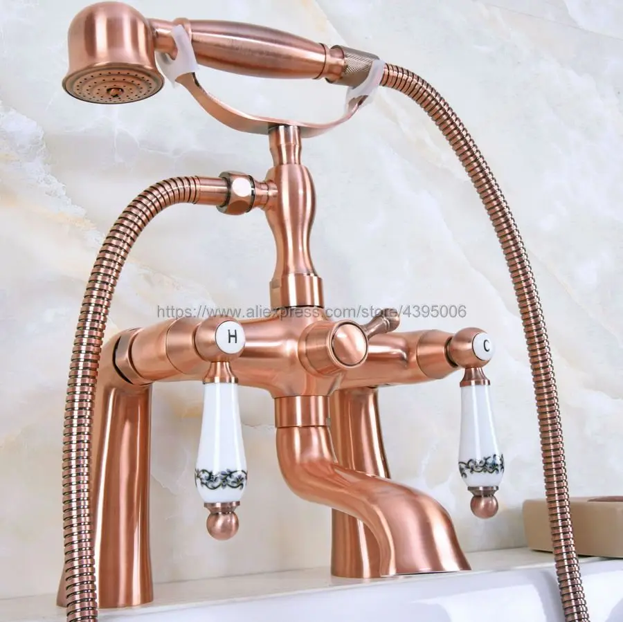 

Antique Red CopperTelephone Style Deck Mounted Bathtub Faucet Set Dual Handles with Handshower Bna175