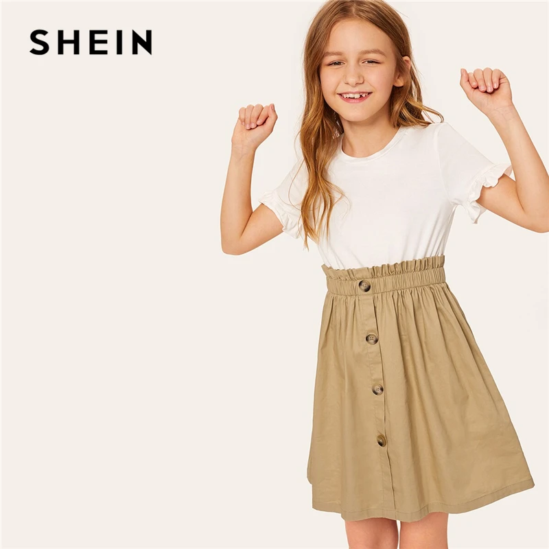 SHEIN/детское Повседневное платье для девочек с двумя пуговицами и рюшами спереди; коллекция года; летнее короткое расклешенное платье с рукавами-воланами и цветными блоками