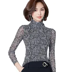 Новая Осенняя тонкая сеть с высоким воротником и принтом, трикотажная рубашка, Корейская шифоновая блузка с длинными рукавами, большие