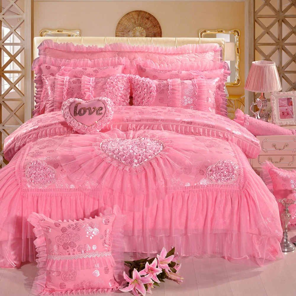 Набор постельных принадлежностей атласная Дрель розовый жаккард пододеяльники 7 шт. домашний Свадебный роскошный и Удобный домашний текстиль набор пододеяльников