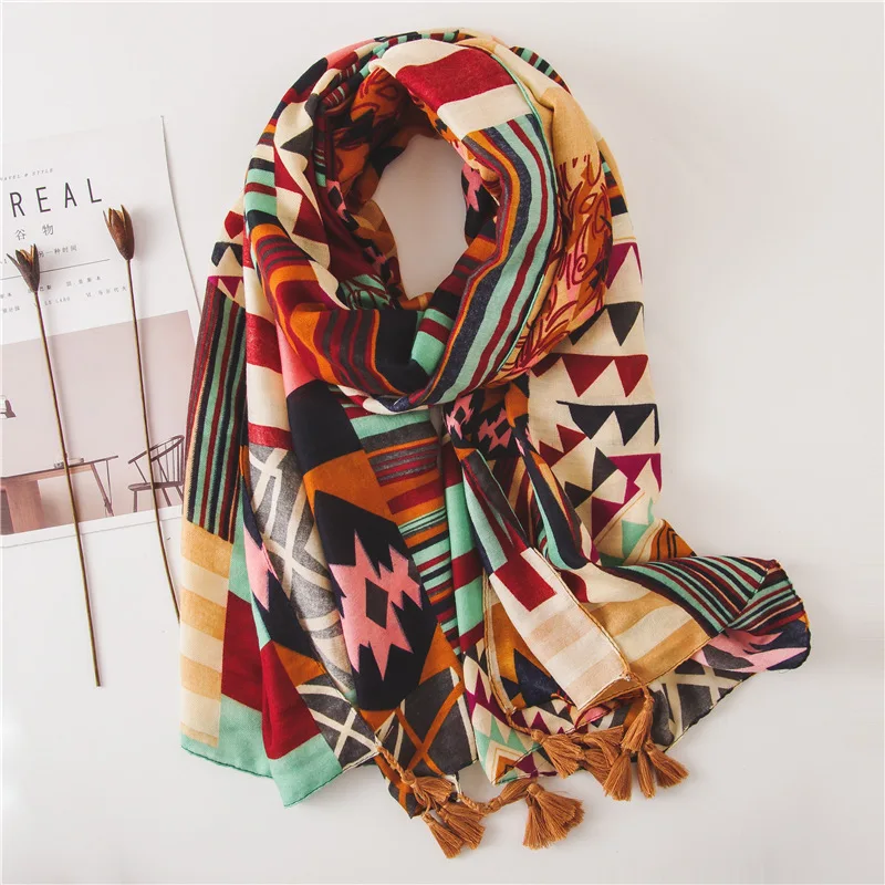 

2019 Spain Brand Color matching geometry Viscose Shawl Scarf Cotton Wrap Pashmina Bufandas Muslim Hijab Snood Echarpe Foulard