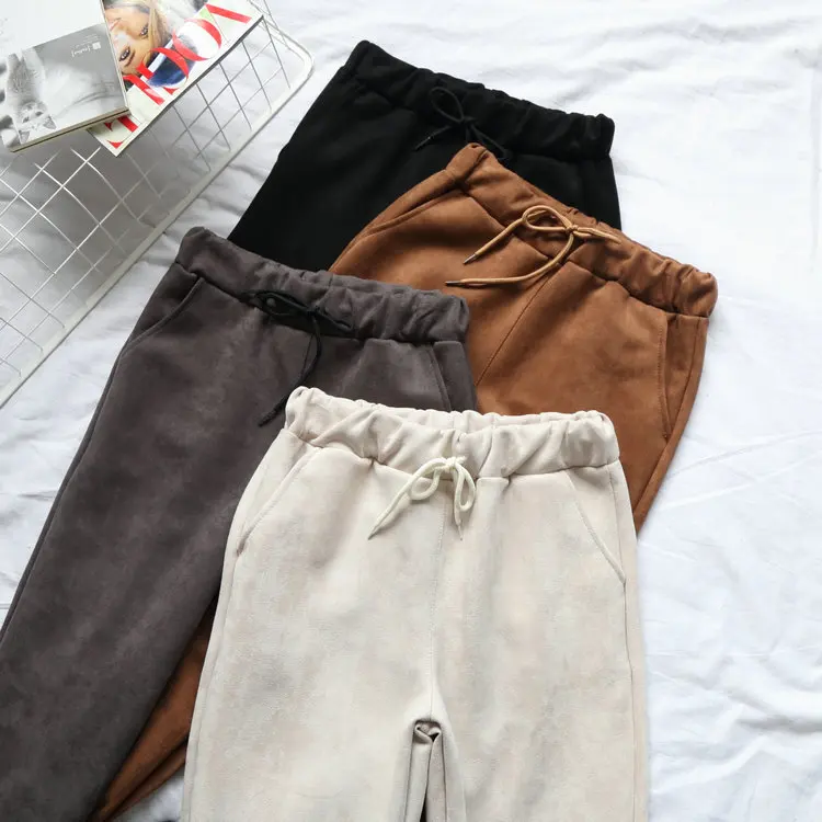 Женские замшевые одноцветные брюки со средней талией, Осень-зима, модные черные брюки-карандаш, повседневные женские штаны-шаровары на завязках WP26