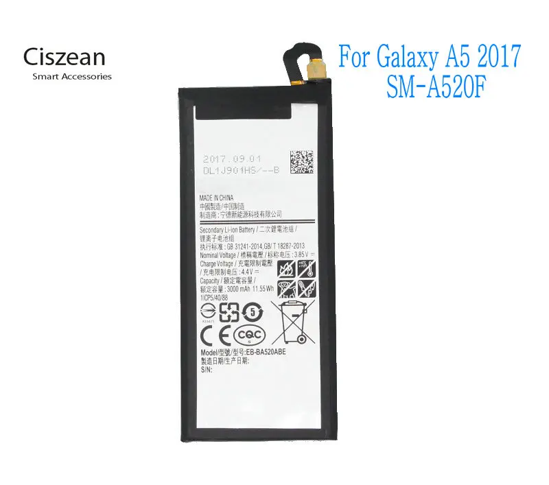 Ciszean 1x3000 мА/ч, 3.85VDC EB-BA520ABE Замена Батарея для samsung Galaxy A5 Edition A520 A520F SM-A520F