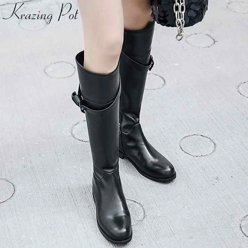 

Krazing Pot new genuine leather round toe riding boots gladiator stovepipe women keep warm buckle straps over-the-knee boots L11