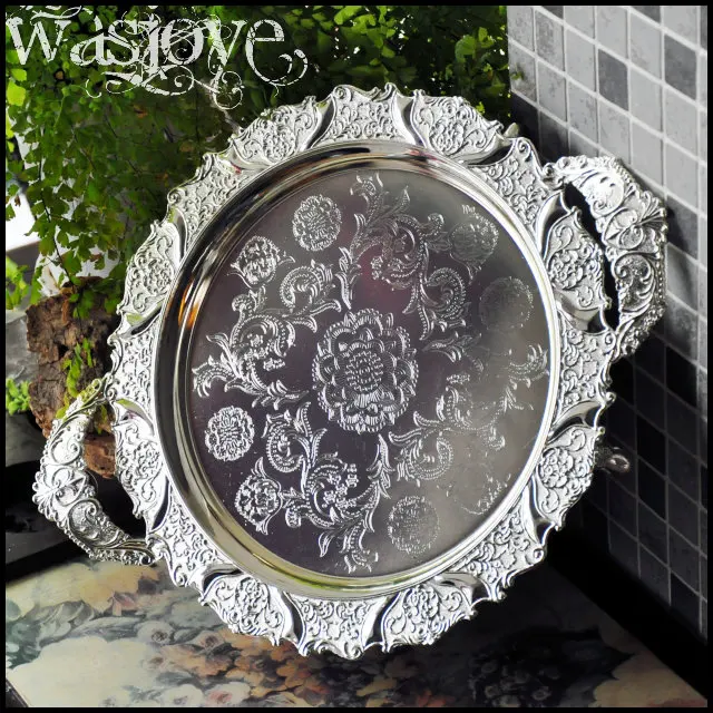 42cm round silver embossed metal serving tray storage tray with handle