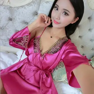 Новое поступление, сексуальный женский ночной халат, ночная рубашка+ банные халаты, комплект из двух предметов, женские весенние шелковые Роскошные пижамы с v-образным вырезом - Цвет: rose pink set