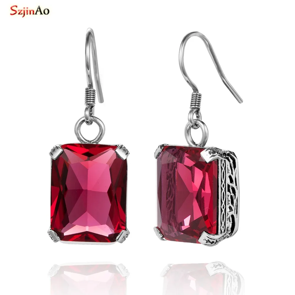 

SzjinAo 925 Sterling Silver Women Wedding Party Jewelry Earrings Created Ruby Lady Drop Earrings Bridal Jewelry