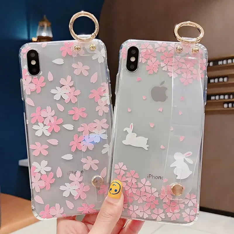 

IMIDO Floral Anti-fall Lanyard Loop Stand Phone Cases Transparenet Wrist Strap TPU Soft Silicone Cases For iphone 6/7/8/X Cases