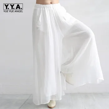 

Summer New Brand Womens Full Length Chiffon Wide Leg Pants Elastic Waist Loose Casual Literary Solid Female Trousers Streetwear