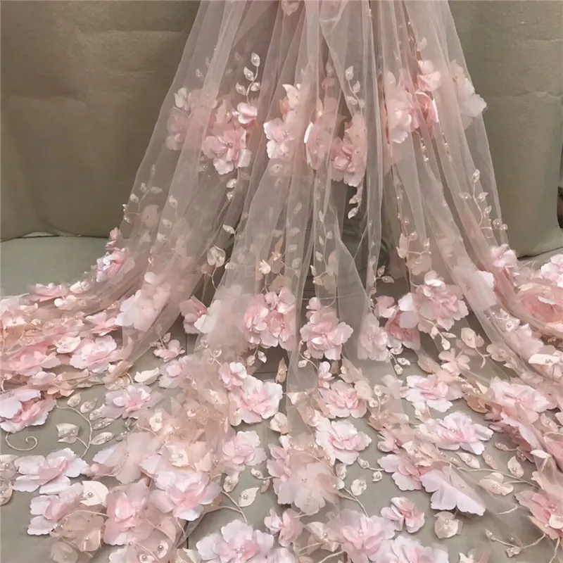 

White 3D Beads Lace Fabric 2019 High Quality Mesh Embroidery Applique 3D Flower Tulle Nigerian Lace Fabrics For Bridal XC300a