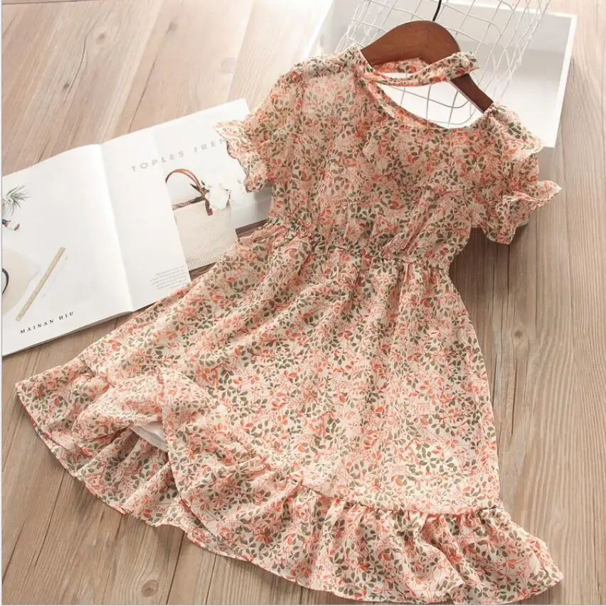 

2019 Summer Chiffon Printed Dresses For Girls Princess, Children Fashion Boutique Dress 6 pcs/lot, Wholesale