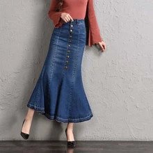 Женская джинсовая юбка Лето Высокая талия сексуальные оборки Женская юбка Русалочка Плюс Размер 7XL 8XL однобортные Длинные повседневные джинсовые юбки
