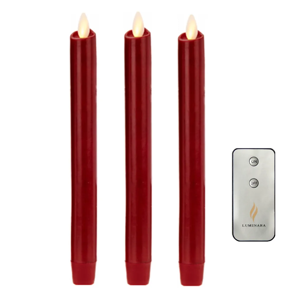 8'' LUMINARA Red LED Taper Candles Set of 3 With Remote and 5 HOURS