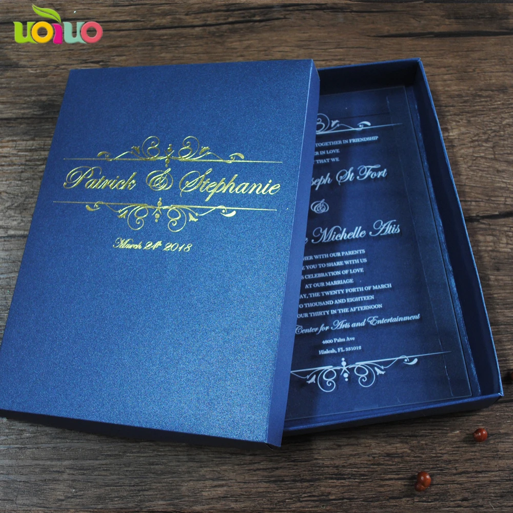  Royal Navy blue wedding invitation card box with customize printing clear acrylic invitations model - 32915136176