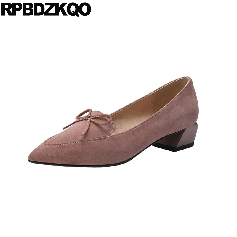 

size 4 34 low heels sheepskin shoes women cute japanese customized chunky genuine leather suede thick pointed toe bow peach new