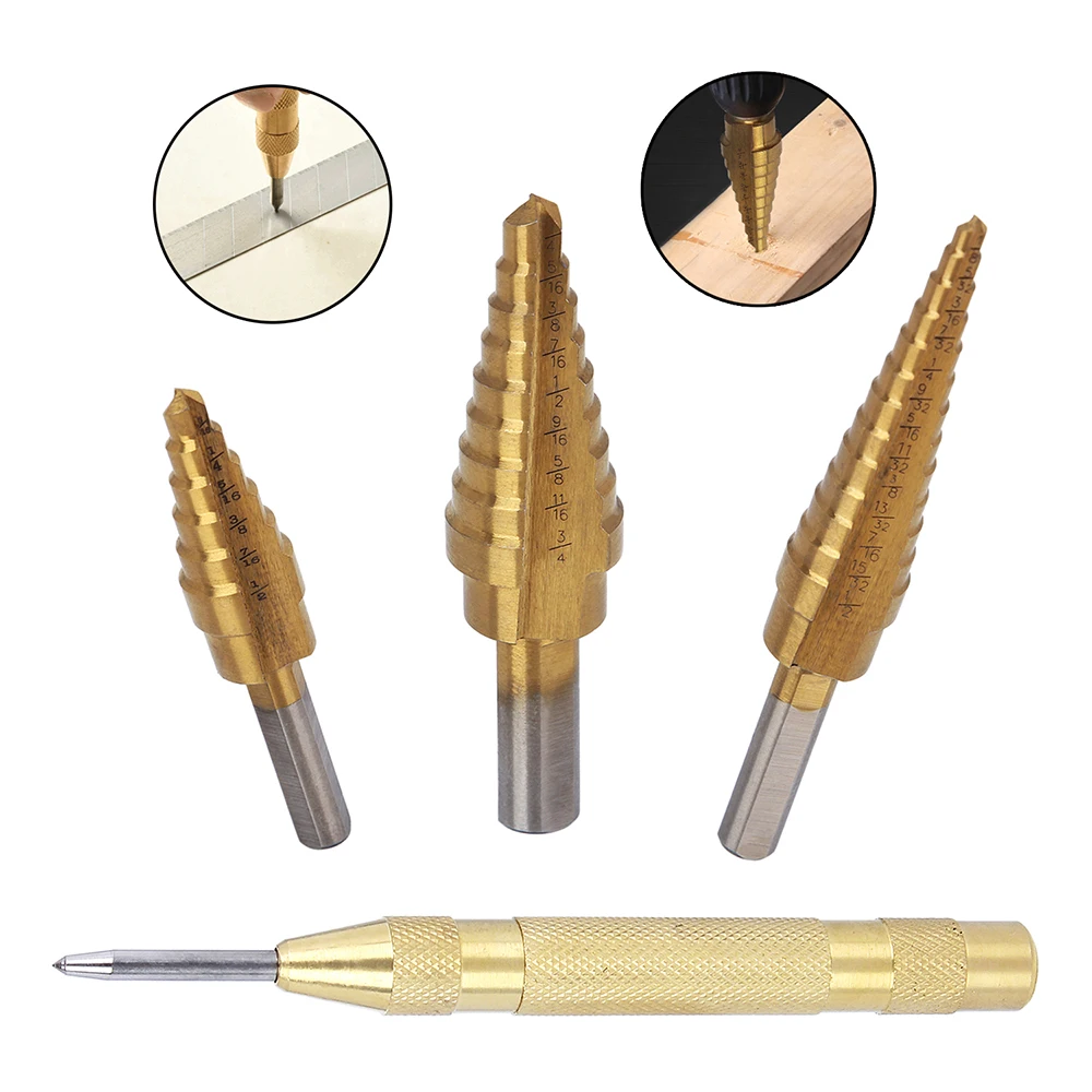 Hakkin 3pcs Titanium Coated Two Fluted Titanium Step Drill Bits Set