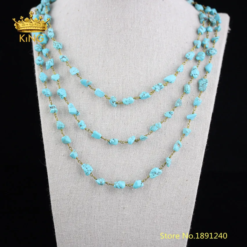 

5 Meters/Lot Irregular Blue Magnesite Stone Chains Jewelry Findings , Raw Turquoise Wire Wrapped Rosary Chains Necklace ZJ-246