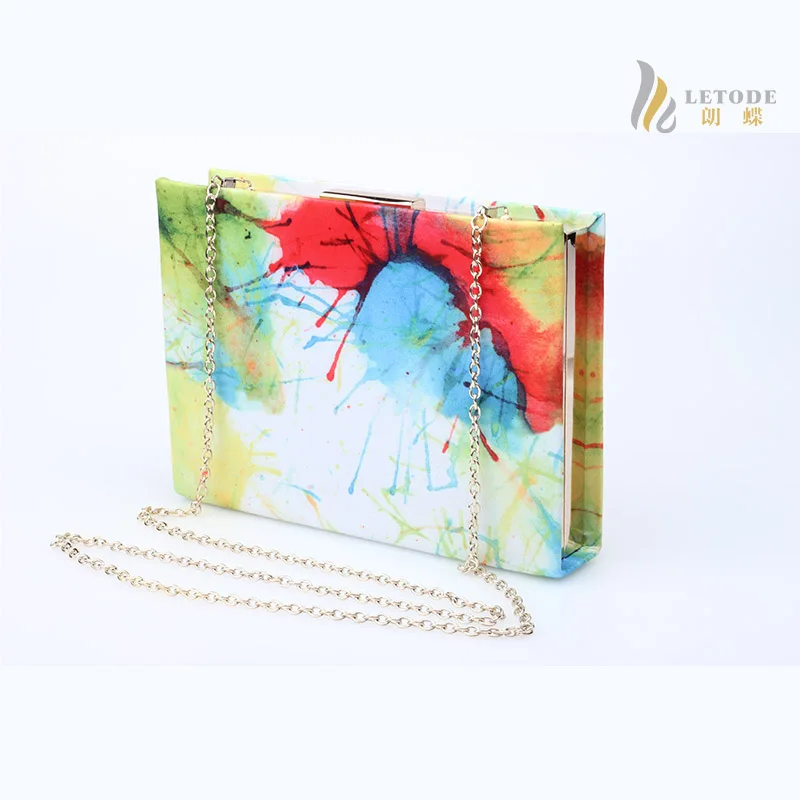 

Rectangle like a book colourful print flap lady clutch bag single chain hasp small evening handbag high quality borsetta donne