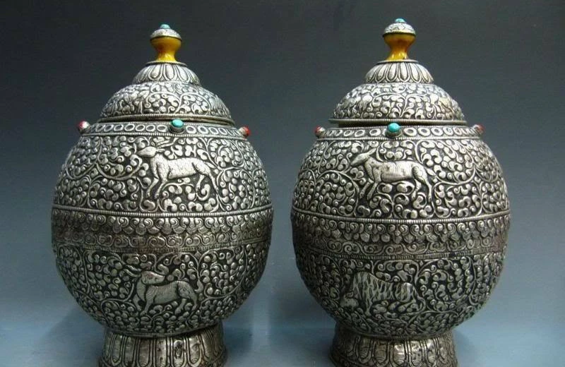 

11 Tibet White Copper Silver Handwork made inlay Zodiac Crack Jar Pot Vase Pair