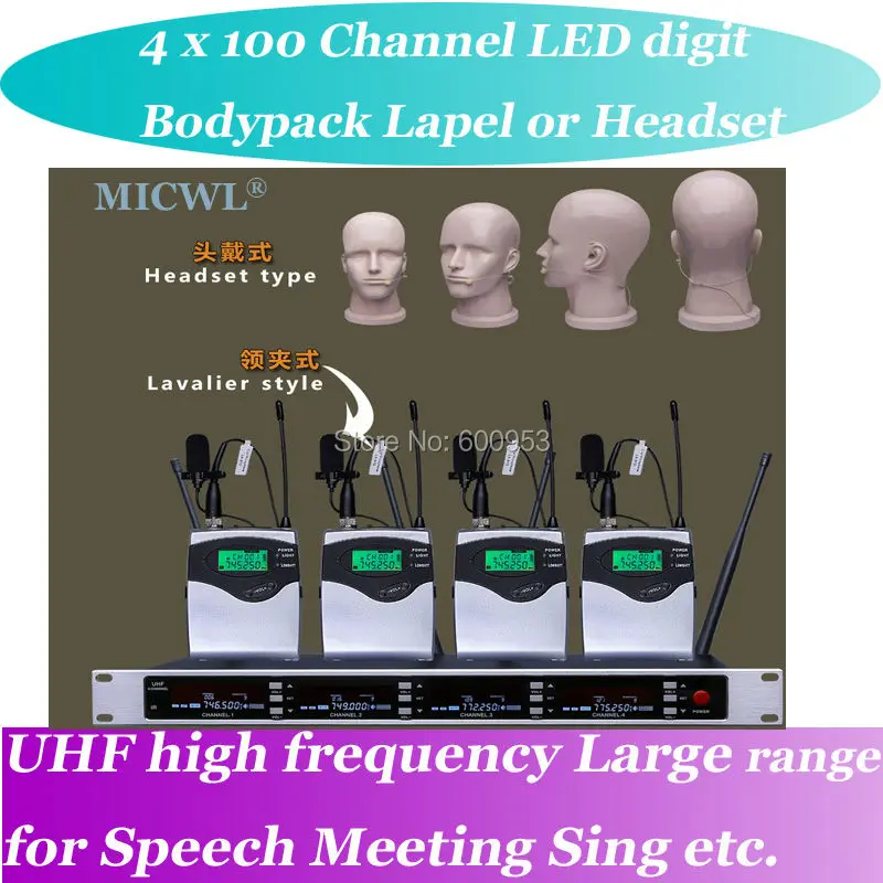 

MICWL SP4 High-End UHF LED digital Wireless DJ & Karaoke Microphone System 4 Bodypack Lavalier Headset Mic